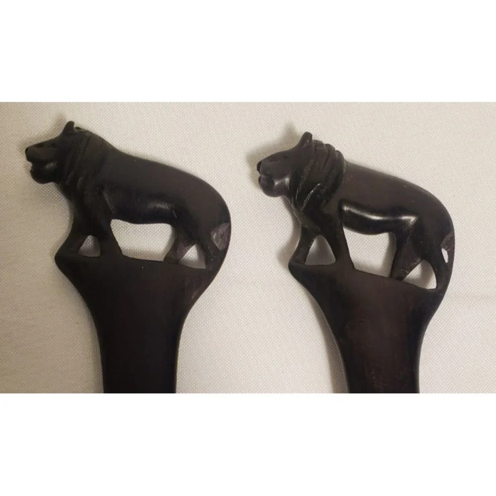 Hand Carved Wood Lion Handled Salad Servers Fork/‎ Spoon - Picture 4 of 5